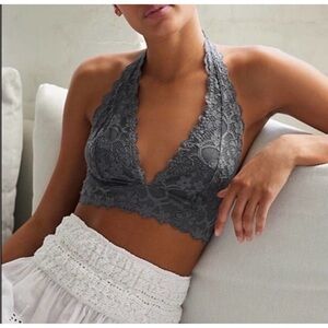 Free People Gray Lace Halter Neck Bralette Size XS Lingerie Neutral Wireless